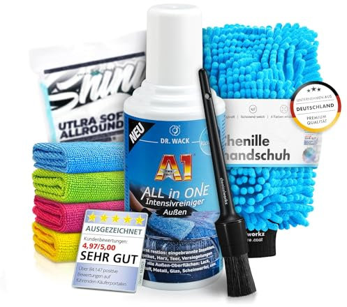Lackreiniger Shampoo Set: Dr. Wack A1 ALL in ONE Intensivreiniger Außen (500ml) + Waschhandschuh + Pinsel + Mikrofasertücher - Auto Außen Reinigung - Insekten, Harz, Teer, Vogelkot, | 7-teilig