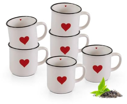 Tassen 6er Set Emaille-Optik in weiß mit Herz - Steingut Kaffeetassen in 350ml für Tee, Kaffee, Cappuccino - Süße Kaffeebecher spülmaschinenfest und mikrowellengeeignet als schönes Geschenk