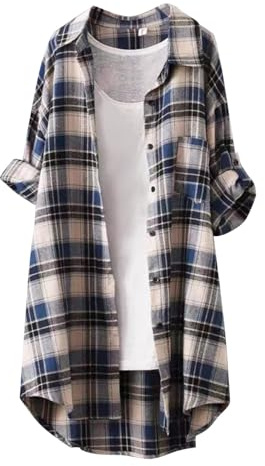 Chemisier en mousseline pour femme - Chemise à carreaux - Manches longues - Style urbain - Chemise décontractée à manches longues avec boutons - Carreaux - Décontractée - Manteau long - Chemisier à