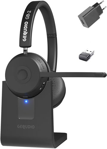 GEQUDIO GB-2 - Auriculares inalámbricos con micrófono Bluetooth, cancelación de ruido pasiva, 2 dispositivos al mismo tiempo (teléfono móvil, PC, ordenador portátil) | Inalámbrico (con estación de