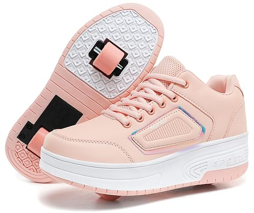 Skridsko rullskridskor för pojkar och flickor, träningsskor med infällbara hjul – snygga för barn, rullsneakers – perfekta för fest, födelsedag, jul, Rosa, 39 EU