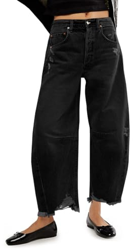 Cicy Bell Womens Baggy Barrel Jeans Cropped Boyfriend Wide Leg Raw Hem Denim Pants, Black, 16