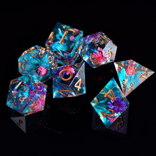 ORUZA 7 Stück Polyedrische Würfel Set Blume DND Würfel Set Harz Scharfe Kanten D&D Würfel für Dungeons und Dragons Pathfinder MTG Rollenspiele Tischspiele Würfel