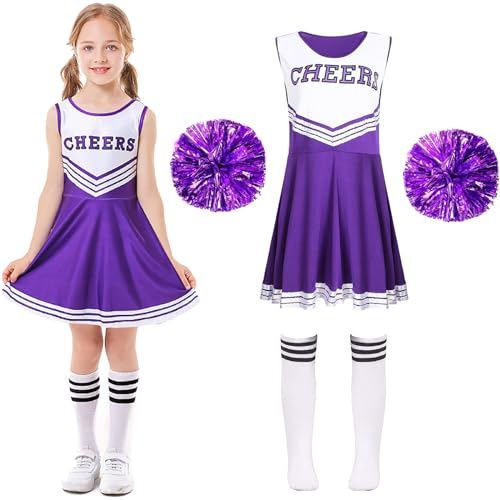 XFOZDM Disfraz de animadora con pompón para niña, disfraz de animadora, pantalones cortos para niña con pompones y calcetines, uniforme para carnaval, Halloween, cosplay, color violeta 170