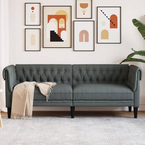 Willood Chesterfield-Sofa Polstersofa mit Armlehnen Rückenlehne Stützbeine, Loungesofa für Wohnzimmer, Clubsofa, Modern, 3-Sitzer Dunkelgrau Stoff