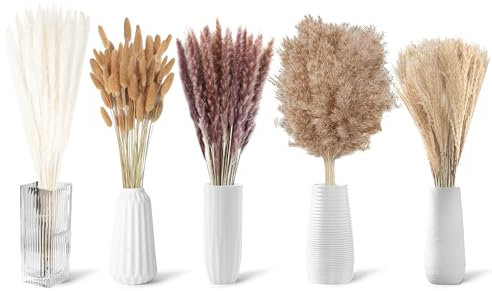 110 Piezas Decoración de Pampas Grass Secas, Decoración de Mesa Boho, Flores Secas de Cola de Conejo, Pompas Marrones, Hierba de Pampas Blanca para Bodas, Hogar, Fiesta Rústica