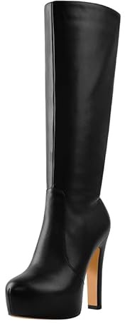 blingqueen Block Heel Knee High Boots Chunky Platform Boots Side Zip Up Tall Booties with Zippers PU Leather Riding Punk Biker Booties for Women Black Heels Size 11
