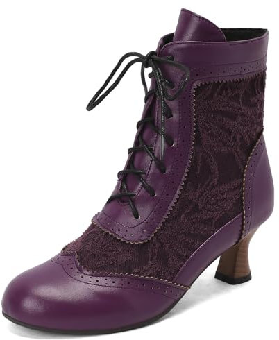 CRETUAO Bottines en Dentelle victoriennes pour Femmes, Confortables, pour Mariage, mariée, Talon Chaton, Bottines pour Robe de soirée, Bottes rétro à Talon Moyen de sorcière,Violet,40 EU