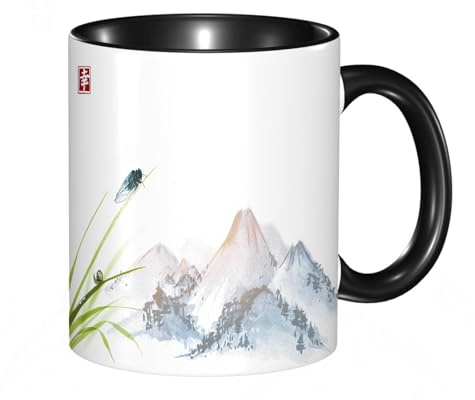 HRRASFAZF Tasse à Café | Tasse Céramique Fine | Cadeau Original | 330ml | Mug avec Anse | Cadeau Original pour Homme et Femme | Cigale et petit escargot sur des feuilles d'herbe. Peinture à l'encre t