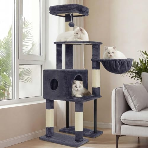 Heybly Albero Tiragraffi Per Gatti Alto 125 cm, Torre Per Gatti Spaziosa E Confortevole Con Tana, Due Ampie Piattaforme, Tiragraffi In Sisal, Cestino, Robusti Tubi In Acciaio, Grigio Fumo HCT200SG-