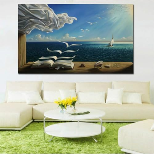 JACBON Salvador Dali Kunstdruck auf Leinwand, Wandkunst, Bild, Leinwand, Pop-Art-Gemälde, Poster, The Waves, Buch, Segelboot-Dekoration, 40 x 60 cm (16 x 24 Zoll), rahmenlos