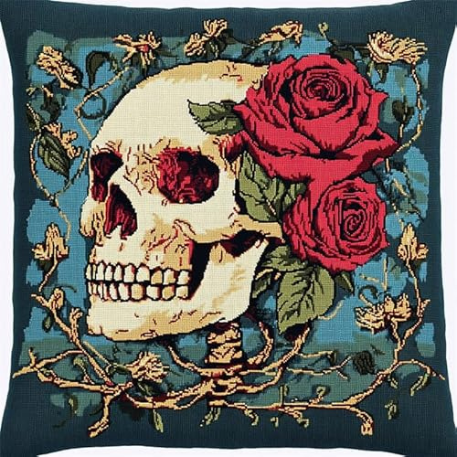 WallustrioaW knüpfteppiche & knüpfkissen Kissenbezug,Totenkopf,umgeben von Blumen,Choices Knüpfteppich Zum Selber Knüpf-Sets mit Kissen knüpfen-Set,43x43cm