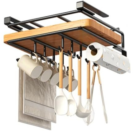 Étagère de rangement sous armoire en acier inoxydable pour planche à découper avec plusieurs crochets antirouille Outil d'organisation de cuisine compact pour économiser de l'espace Noir A