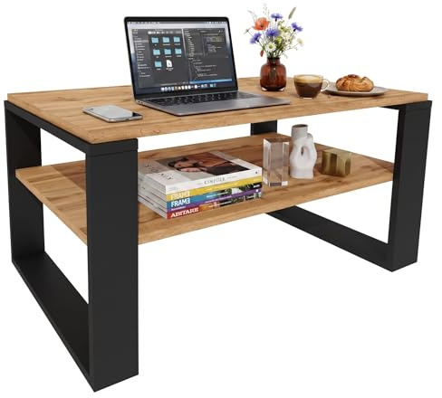 möbelkap Couchtisch 91×51 cm – Wohnzimmertisch aus Holzwerkstoff, Stabiler & moderner Kaffeetisch mit zusätzlicher Ablagefläche – Beistelltisch, Eiche Wotan/Schwarz, rechteckig