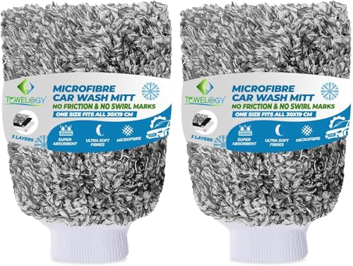 Towelogy® Professional Car Wash Mitt Twin Pack - Super Absorbent, Low Friction Glove for Swirl Free Finish - Microfibre Car Washing Mitt, Ideal for Detailing and Care (Black)