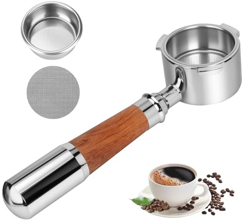 Romon Portafiltro Sin Fondo 51mm, Accesorio con Mango de Noyer y Acero Inoxidable, Compatible con Delonghi EC680/EC685/EC885/EC890, 3 Orejas
