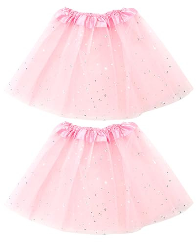 ZXTGBQ 2pcs Jupe Tulle Fille, Jupe Danse de Ballet de Paillettes étoiles Tulle Fille, Tutu pour Enfants et Filles, Robe de Noël - Costume de Princesse, 3 à 8 Ans, Rose