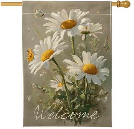 Bandera de crisantemo para casa, diseño de mariposa natural de primavera, color blanco, arpillera de doble cara, banderas decorativas para porche exterior, césped, patio, entrada, 28 x 40 pulgadas