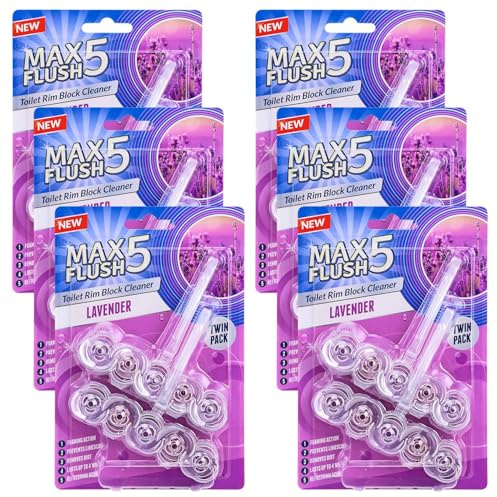 LIVHOME Toilet Rim Block Cleaner, Forest Pine, Citrus Sparkle, Lavender, Tropical Blossom and Ocean Spray Scents, Clear Water Formula, Anti-Limescale Protection (6 Pack, Lavender)