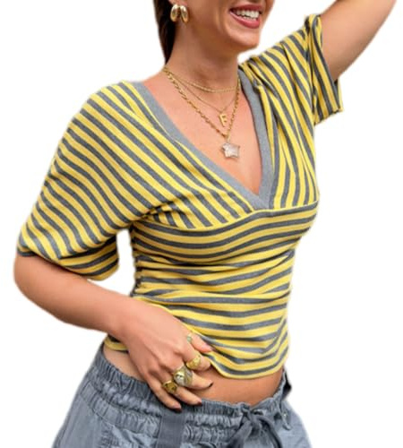 Generisk dam wrap-djup V-fladdermusärm cropped topp, figurformande randig stickad blus med ribbstickade manschetter för smalare utseende, GUL, S