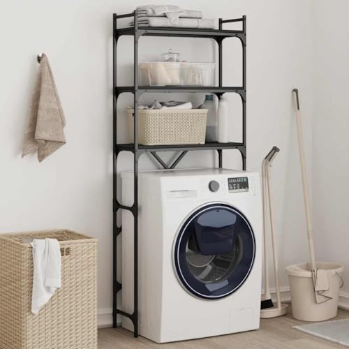 Ordellia Estantería para lavadora, color negro, de madera y metal, 67 x 25 x 163 cm, 3 estantes, ahorra espacio, estantería de baño para lavandería y baño, estante estable para accesorios de lavado