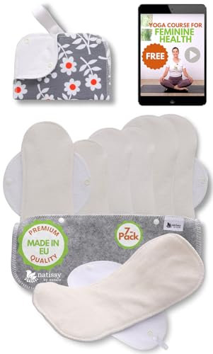 Compresas reutilizables en bambú orgánico para flujo menstrual ligero y abundante (S+M+L+XL, 7 uds); lavables a alta T°, HECHAS EN LA UE; suaves, no irritantes y cómodas, compresas tela para mujeres