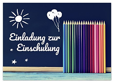 10 Einladungskarten Einschulung mit Umschlag/Buntstifte/Einladung 1. Schultag in der Schule / 2-seitige Karte