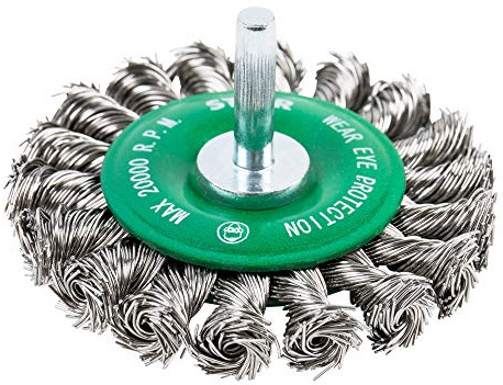 STIER Rundbürste Scheibenbürste, 75 mm, für Bohrmaschine Geradschleifer, 6 mm Schaft, Drahtstärke 0,5 mm, gezopft, Edelstahl V2A