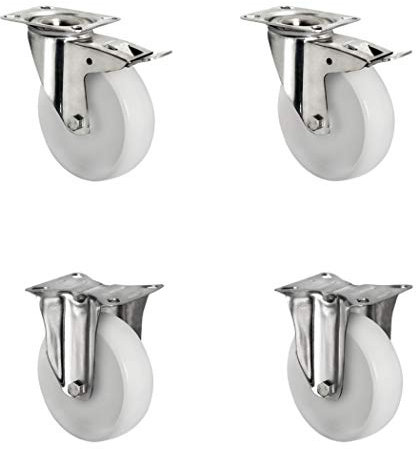 CASCOO SETTIFI125N0N0L0N Rollensatz 2 Lenkrollen mit Feststeller, 2 Bockrollen, Polyamid, Edelstahl, Durchmesser 125 mm, Transportrollen, Gleitlager, INOX, Traglast 600 kg (4-er Pack)