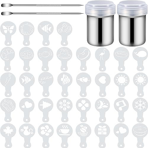 72 Pieces Coffee Decoration Stencils Latte Art Template Coffee Mold Tool with 2 Latte Art Pen 2 Dusting Jars Mesh Powder Shaker for Cake Cookie Decorating Oatmeal Cappuccino Hot Chocolate