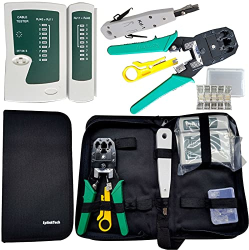 UK-TECH Multipurpose Tool Kit Case -Crimping Cutter Tool with Stripper –RJ45 Punch Down Tool -Network Cable Tester - Modular Plug Network Connector -All in One Networking Apparatus, Gold