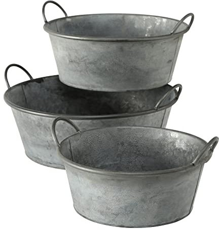 WHOLE HOUSE WORLDS Rustikale breitbauchige Pflanzgefäße, 3er-Set, verzinkt Grau, verwitterte Oberfläche, Zink, Griffe, Flacher Boden, Durchmesser 46,41 und 36 cm