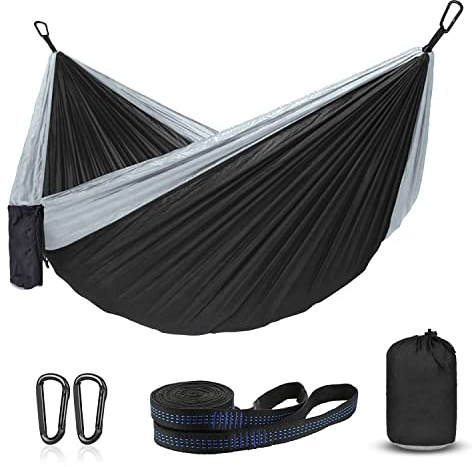 Hammock Camping, Portable Single/Double Hammocks for Outdoor Hiking Travel Backpacking - 210D Nylon Hammock Swing for Backyard & Garden (Black/Gray)
