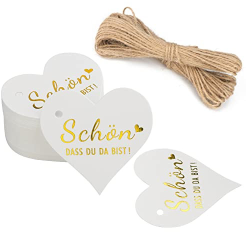 G2PLUS SCHÖN DASS DU DA BIST Geschenkanhänger, Herz Hochzeit Anhänger für Gastgeschenke, Weiß Papieretiketten Anhänger mit Schnur für Gastgeschenke zur Hochzeit