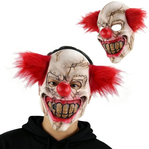CHIKIXSON Skrämmande clown latex halloween mask, skrämmande vuxen halloween clown dekorativ mask med rött hår för halloween, karneval och skräckfest
