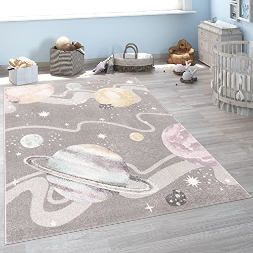 Paco Home Kinderteppich Teppich Kinderzimmer Junge Mädchen Modern Weltraum Planeten Sterne Weich Grau Mehrfarbig, Grösse:80x150 cm