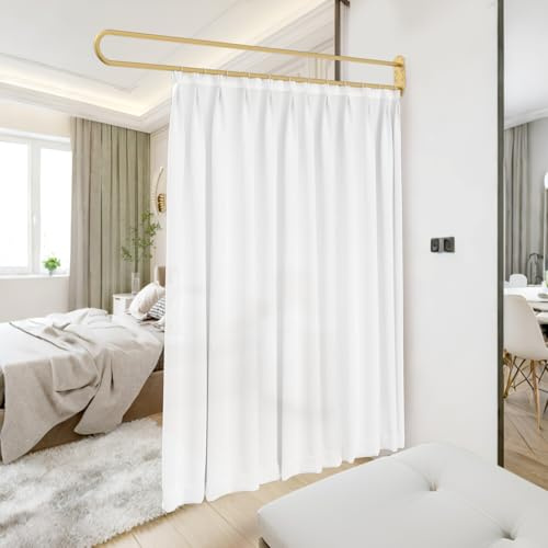Privacy Partition U-Shape Room Divider, Metal Support Wall Mounted Curtains, 6.56ft White Flat Hooks Medical Curtain for Fitting Room Beauty Salon Bedroom (White, 6.56ft)