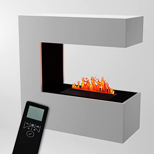 GLOW FIRE Wasserdampf Kamin Schiller (Wandkamin) - Elektrokamin für die Wand mit realistischen LED 3D-Flammen, Knistereffekt & Fernbedienung, 90x90x37 cm, Opti-Myst 400, Weiß