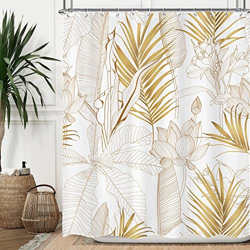 SJOAOAA Rideau de Douche à Feuilles Tropicales en Or Blanc 152,4 x 182,9 cm Abstrait Lotus Feuille de bananier Palmier Plantes Moderne botanique Naturel avec 12 Crochets en Plastique Tissu imperméab