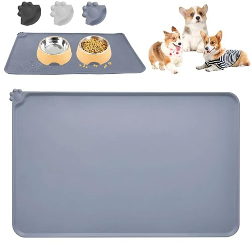 Tappetini Sottociotola per Gatti/Cani, Tappetino per Ciotola di Cibo Antiscivolo, Tappetino di Alimentazione dell'animale Domestico, Tappetini Impermeabili di Alimentazione (Grigio, 48x30cm)