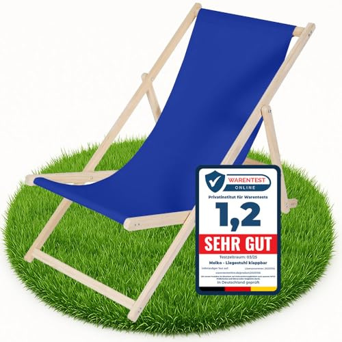 Melko Strandstuhl Liegestuhl klappbar 3-Fach verstellbar Holz Dunkelblau | Sonnenliege mit Sicherung gegen Zusammenklappen, Bezug aus Polyester abnehmbar und waschbar, für Strand, Garten und Camping