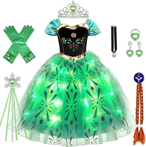 vamei LED Anna Kostüm für Mädchen Prinzessin Kleid Mädchen Anna Kleid mit Perücke Krone Handschuhe Verkleidung für Geburtstag Party Weihnachten Halloween Karneval (120)