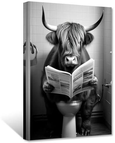 ZXHYWYM Lustige Schwarz Weiß Badezimmerdekoration Highland Kuh die auf der Toilette sitzt und Zeitungsbilder liest niedliche Tier Leinwanddrucke Kuh in der Toilette (Bild-3, (30.00 x 45.00 cms))