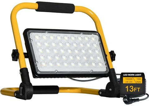 Faretto LED da Cantiere 100W, 10000lm Faro LED da Cantiere Portatile Luce Bianca 6500K IP66 Impermeabile Cavo 4M, Rotazione 360°con Staffa Pieghevole, Faretto Lavoro per Edilizia,Officina