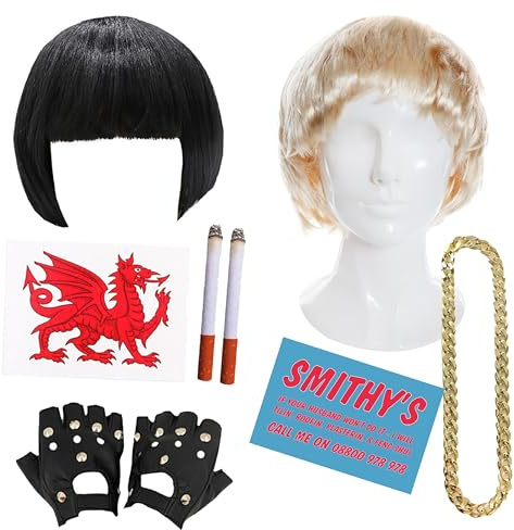 Adults TV Characters Couples Costume - Black Bob Wig, Welsh Dragon Tattoo, Studded Gloves, Fake Cigarettes, Blonde Wig, Gold Chain, Business Card - Adults TV Film Fancy Dress Costume Accessory Set