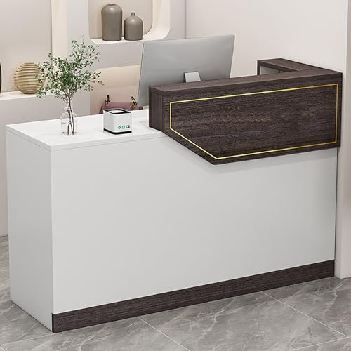 SARKEY Empfangstheke Mit Schubladen, Bürotheke, Empfangstresen, Verkaufstheke, Verkaufstisch, Laden-Theke, Rezeptionsmöbe Büromöbel, for Corporate Halls, Hotel Receptions(White+Brown-B,140x45x100cm)