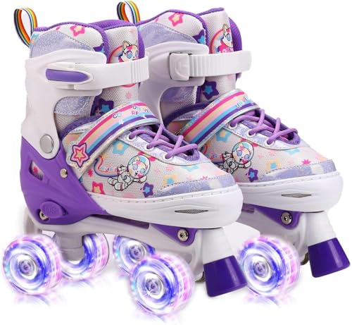 Roller Enfant Fille Patin a Roulette Fille Rollers Quad avec 8 Roues Lumineuses,4 Taille Réglable Patins à roulettes Confortables pour Les Filles et Les garçons et débutants(Purple,L(39 42))