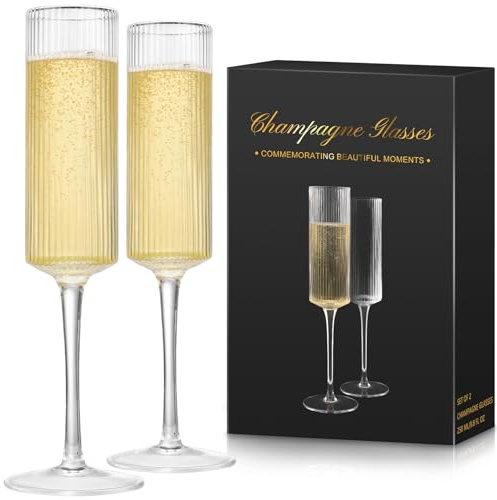 Ulable Set of 2 Pinstripe Champagne Flutes, Prosecco Glasses 250ml | Gifts for Couple, Elegant Pinstripe Champagne Glass Gift Set for Engagement, Wedding, Birthday and Holiday Gifts