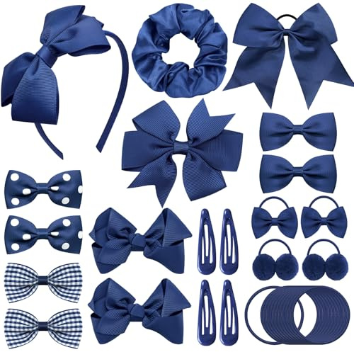 Yueshop 50Pcs Navy Blue Girls School Hair Accessories Kit, Bow Hair Cips Ponytail Holder Elastics Headband Hair Ties Baby Hair Barrettes for Girls Christmas Birthday Gift