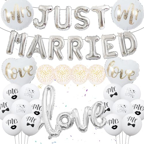 Just Married Hochzeit Deko Kit - 35 Stück Hochzeitsdeko Ballons Just Married Folienballon Silber Love Mr & Mrs runder Luftballons für Standesamt Tischdeko Hochzeit Auto Deko Brautpaar Zimmerdeko